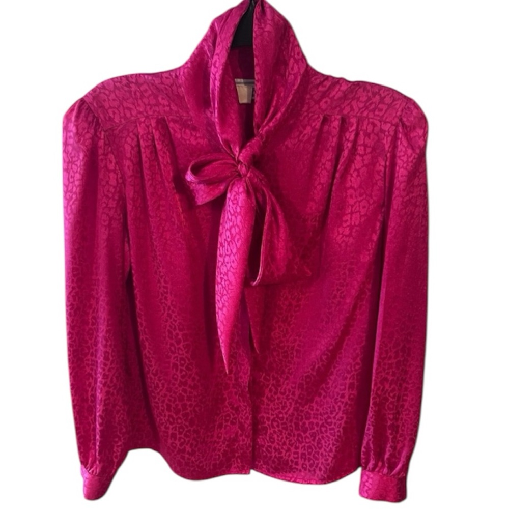 Vintage Rich Fuschia Long Sleeve Bow Blouse with Print by Haberdasher.  Size=7/8